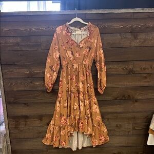 Joyfolie Floral Long Sleeve Dress in Brown and Pink